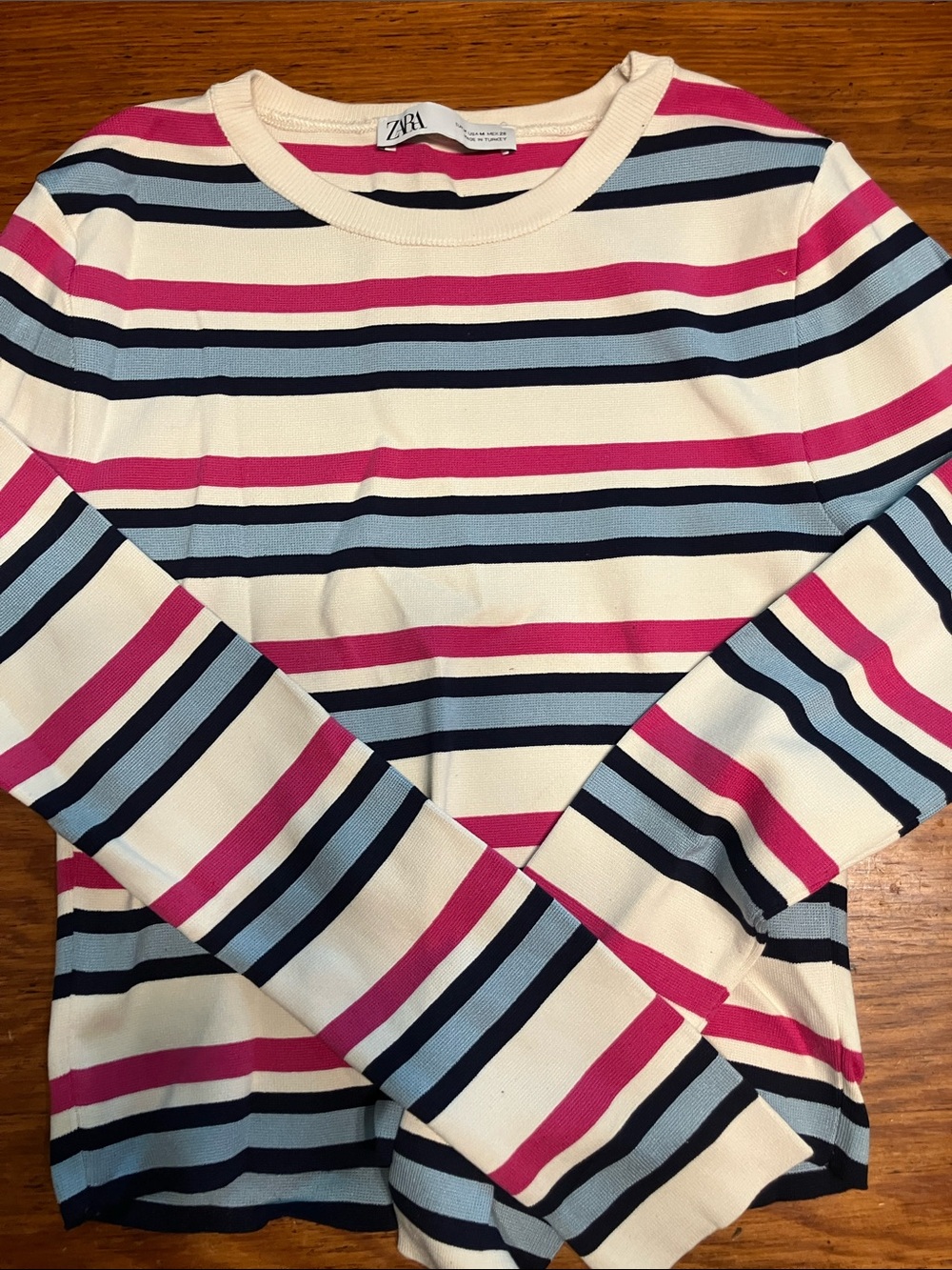 Zara womens Long-Sleeve with Pink and Blue Stripes.